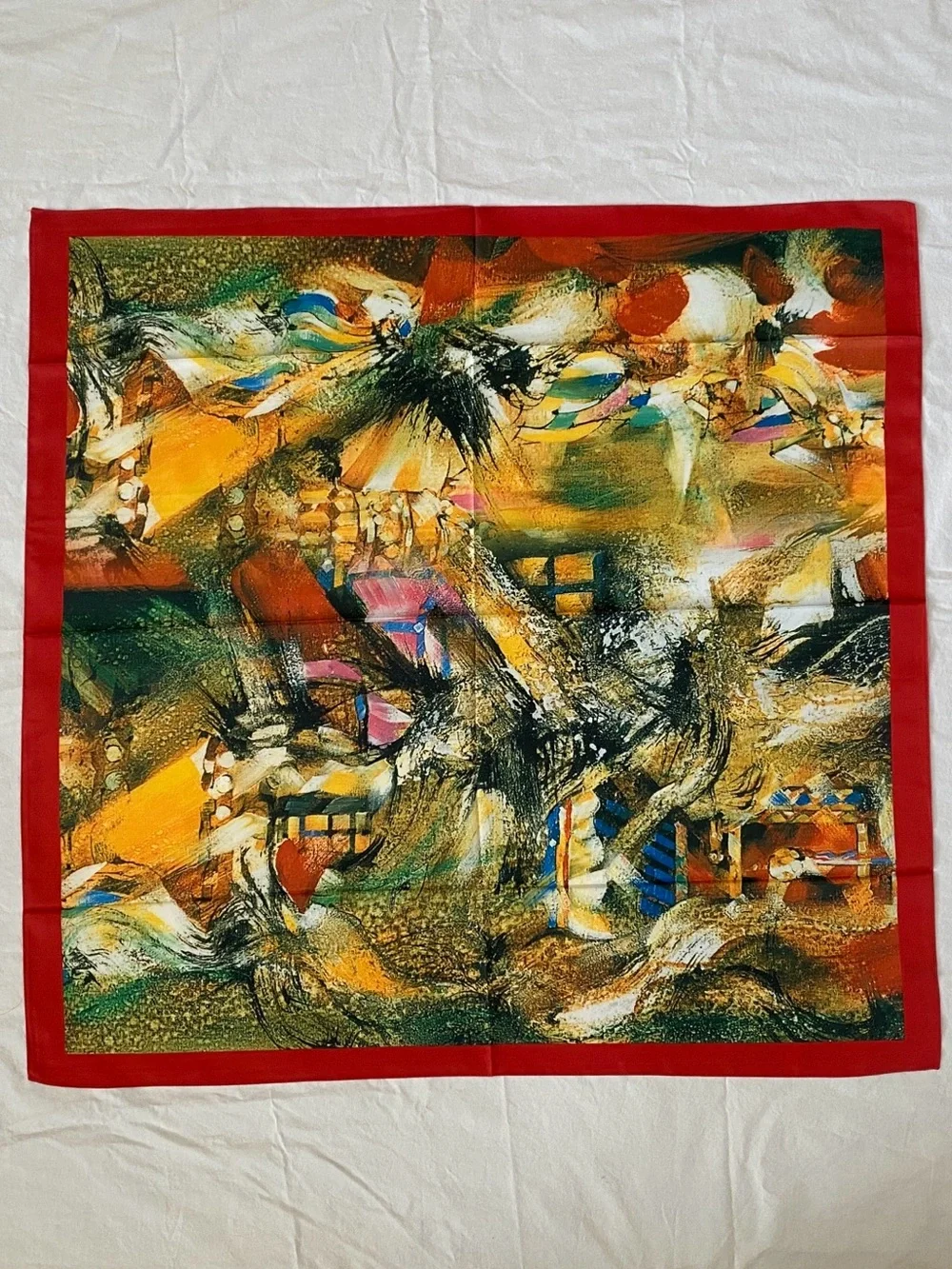 Silk Scarf Wrap Dress Top Abstract Multicolor with Red Trim